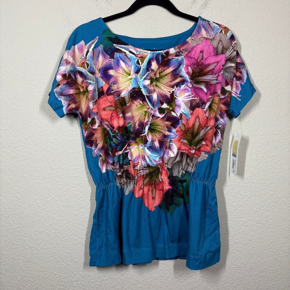 Soft Surroundings XS Jepara Peplum Top Blue Multi Vivid Floral Short Sleeves